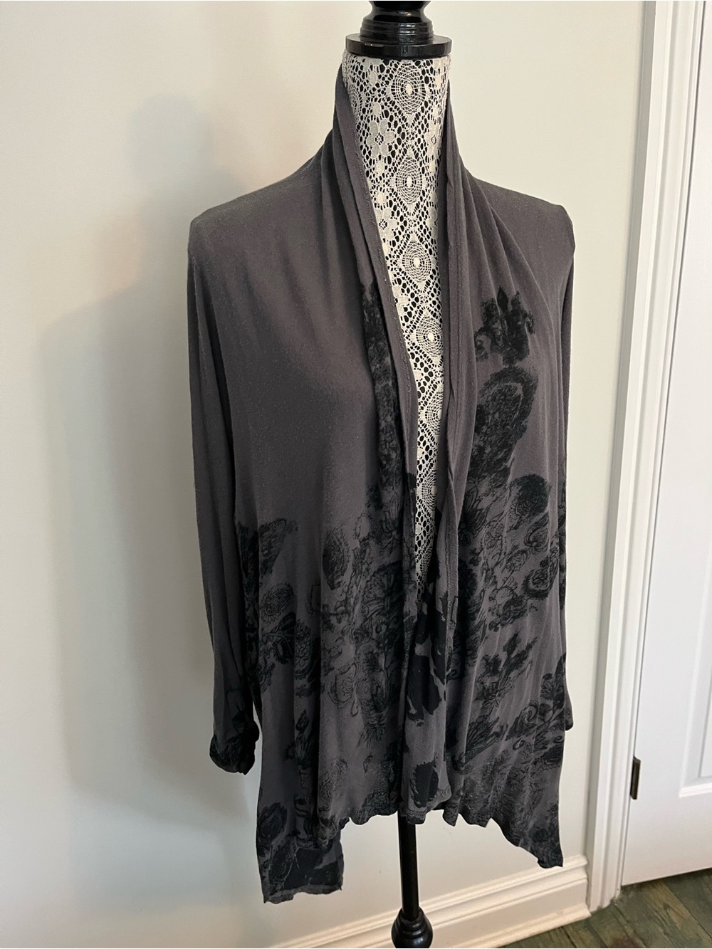 All Saints Charcoal Gray Draped Floral Burnout Cardigan - Picture 3 of 5
